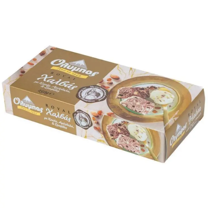 Olympos-Halva-Royal-Cocoa-Almonds-Raisins-250 gr Olympos Halvas amandelen, cacao en rozijnen 250 gr - Afbeelding 1