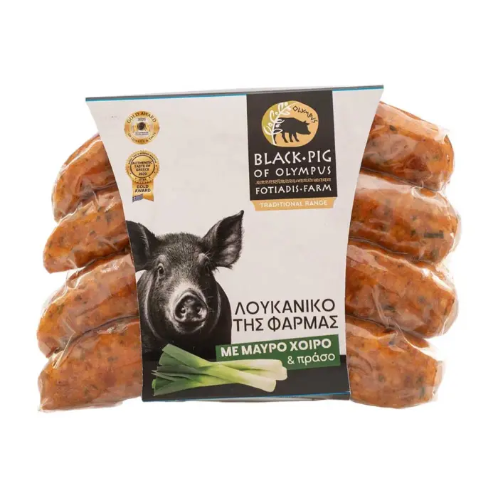 loukanika-mavroy-xoirou-praso Black Pig Loukaniko met Prei 340 gr - Afbeelding 1